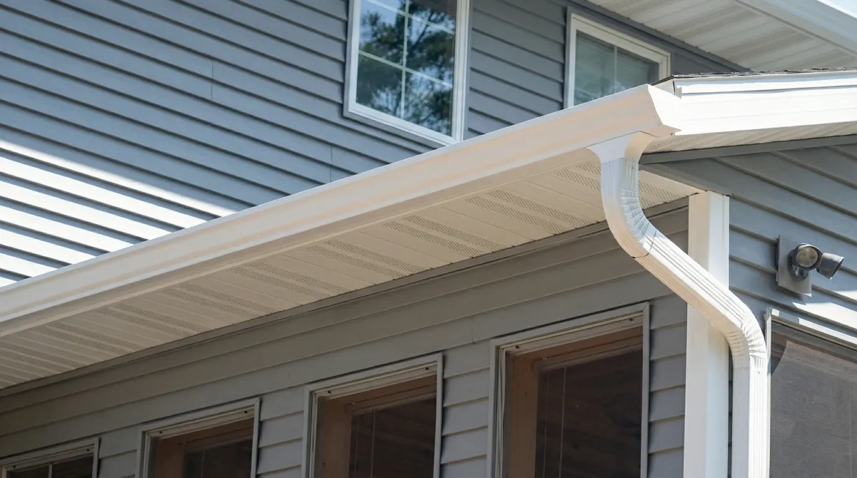 Professional home remodeling project showing newly installed white seamless gutters and downspouts on a house with gray siding in Portland, OR
