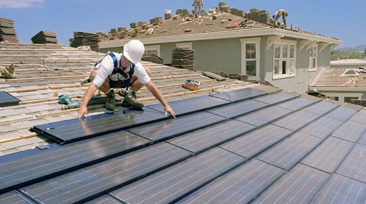 Roof replacement expert installing modern solar shingles on a residential home in Portland, OR