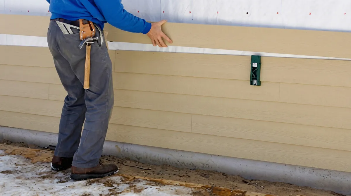 Siding replacement expert carefully aligning a new tan siding panel onto a residential exterior wall in Portland, OR