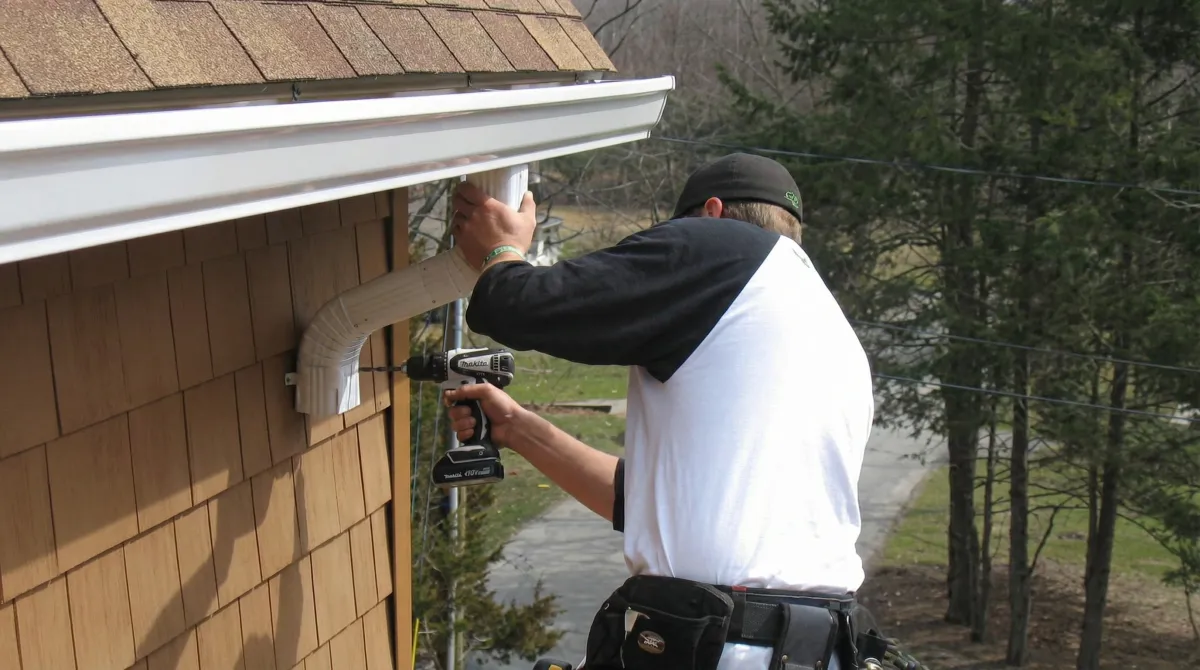 Professional contractor installing tan vinyl siding panels on a residential home exterior in Portland, OR