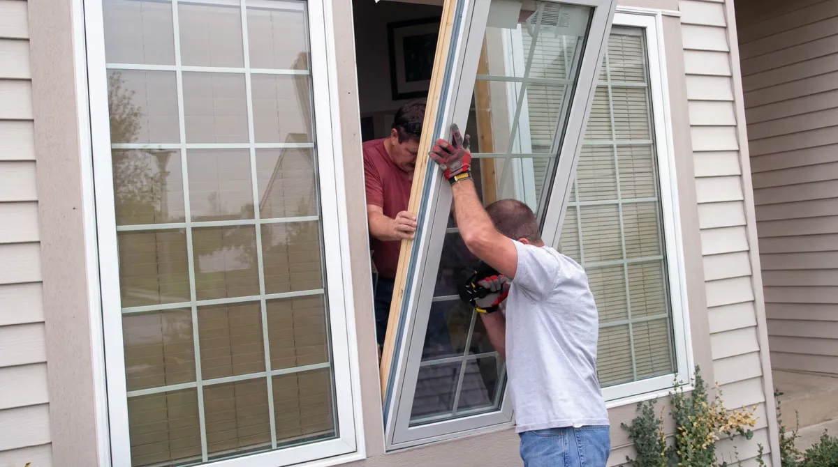 Professional home remodeling team installing a large replacement window on a house with tan siding in Portland, OR